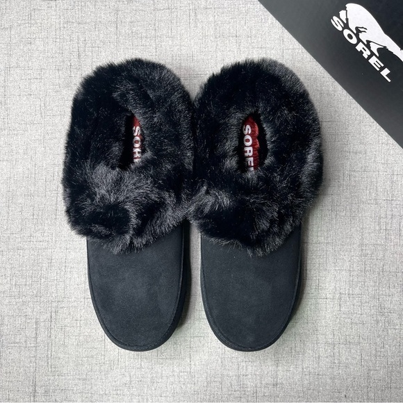 Sorel Go Coffee Run Slippers Black Suede Leather Fur Slip On Shoes NWT - Picture 11 of 16